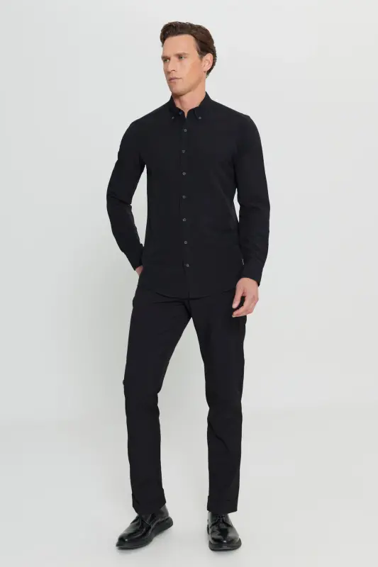 Men's Black Slim Fit Narrow Cut Button-Down Collar Textured Gauze Patterned Shirt-Black - 2