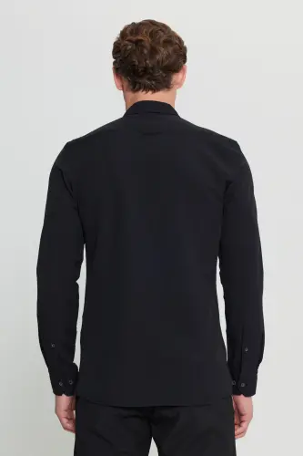 Men's Black Slim Fit Narrow Cut Button-Down Collar Textured Gauze Patterned Shirt-Black - 5