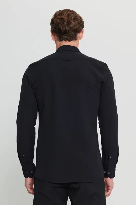 Men's Black Slim Fit Narrow Cut Button-Down Collar Textured Gauze Patterned Shirt-Black - 5