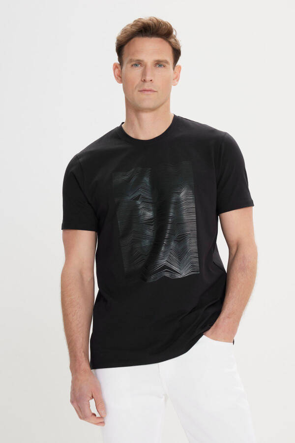Men's Black Slim Fit Narrow Cut Cotton Flexible Printed Crew Neck T-Shirt - 1