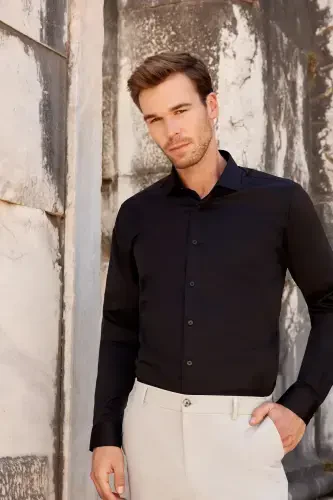 Men's Black Slim Fit Narrow Cut Plain Hard Collar Long Sleeve Shirt - 5