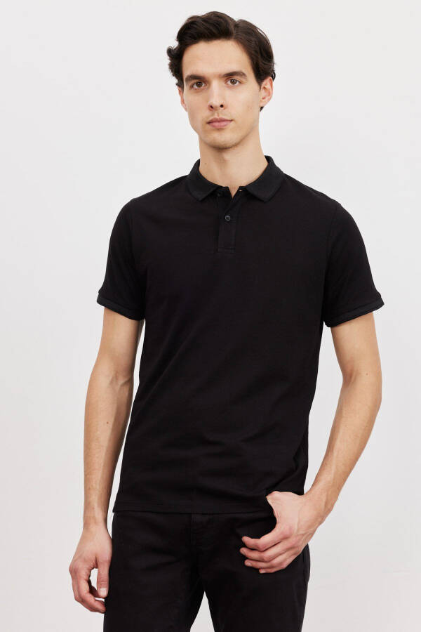 Men's Black Slim Fit Narrow Cut Polo Collar Short Sleeve Basic T-Shirt - 1
