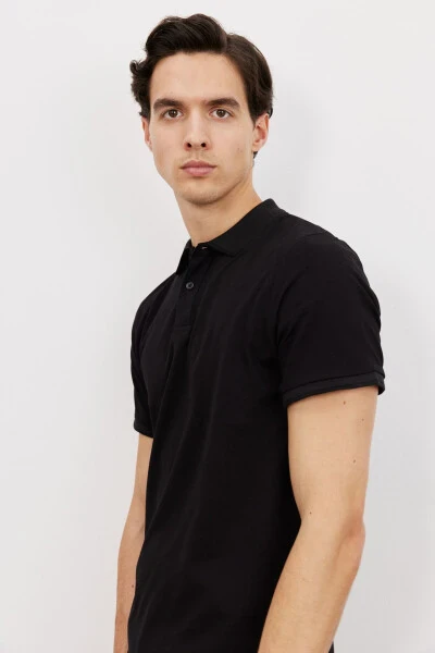 Men's Black Slim Fit Narrow Cut Polo Collar Short Sleeve Basic T-Shirt - 3