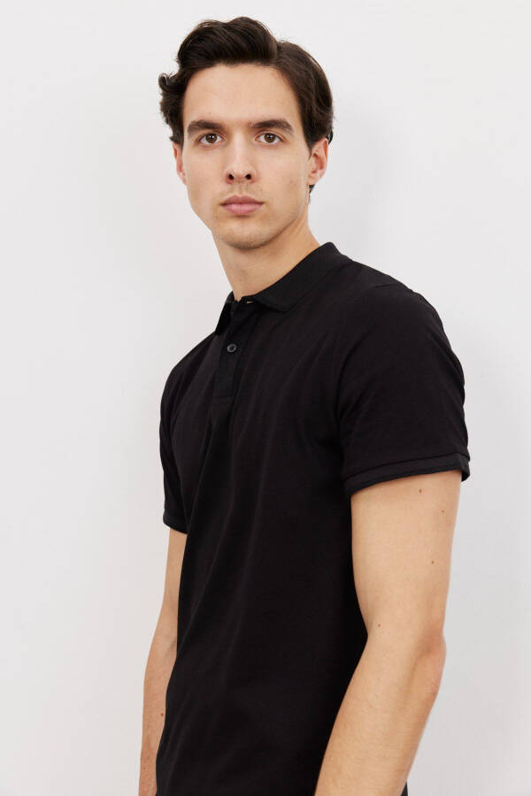 Men's Black Slim Fit Narrow Cut Polo Collar Short Sleeve Basic T-Shirt - 3