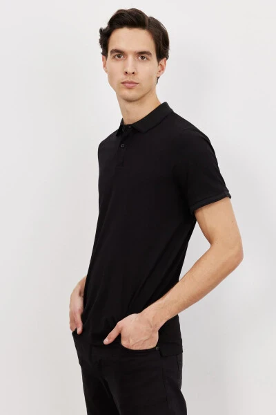 Men's Black Slim Fit Narrow Cut Polo Collar Short Sleeve Basic T-Shirt - 4