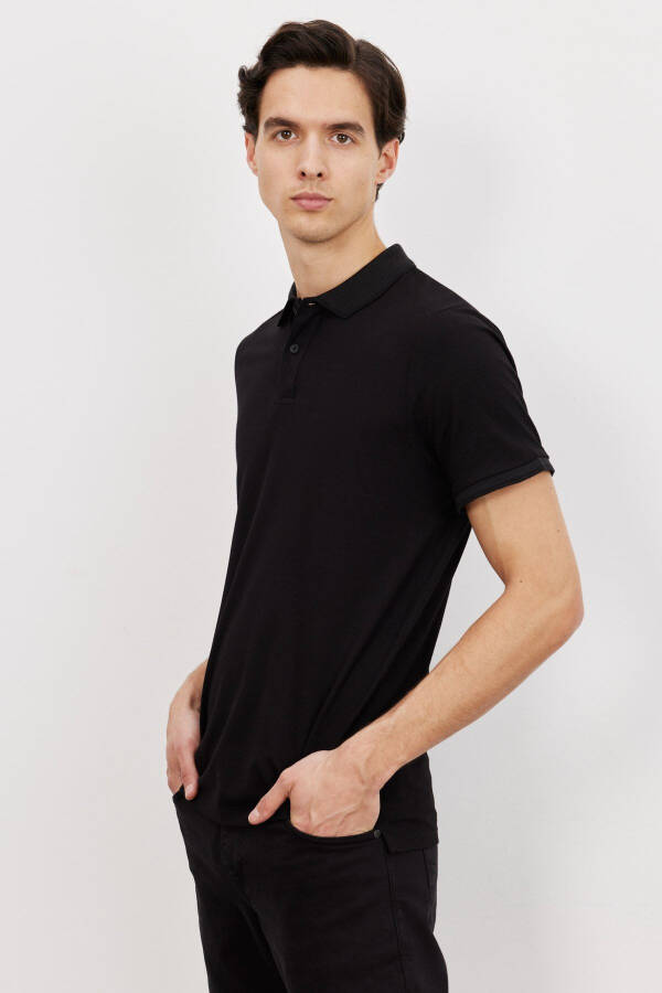 Men's Black Slim Fit Narrow Cut Polo Collar Short Sleeve Basic T-Shirt - 4