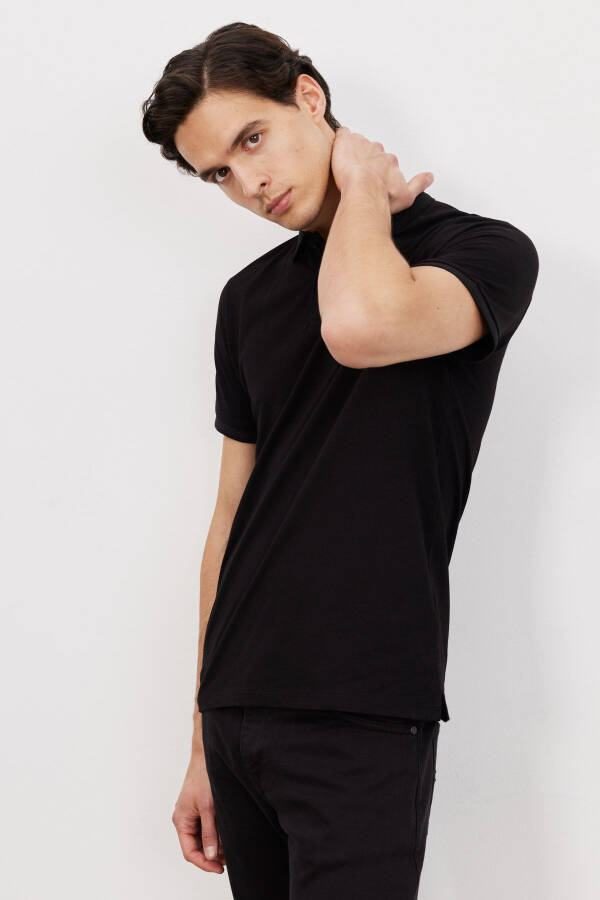 Men's Black Slim Fit Narrow Cut Polo Collar Short Sleeve Basic T-Shirt - 5