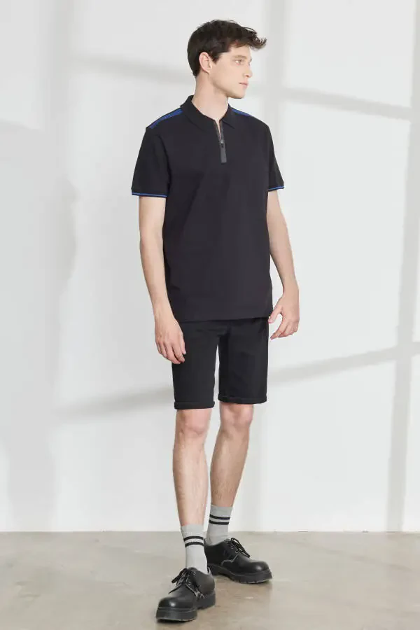 Men's Black Slim Fit Narrow Cut Polo Neck Cotton Short Sleeve T-Shirt - 2