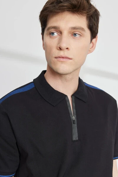 Men's Black Slim Fit Narrow Cut Polo Neck Cotton Short Sleeve T-Shirt - 4