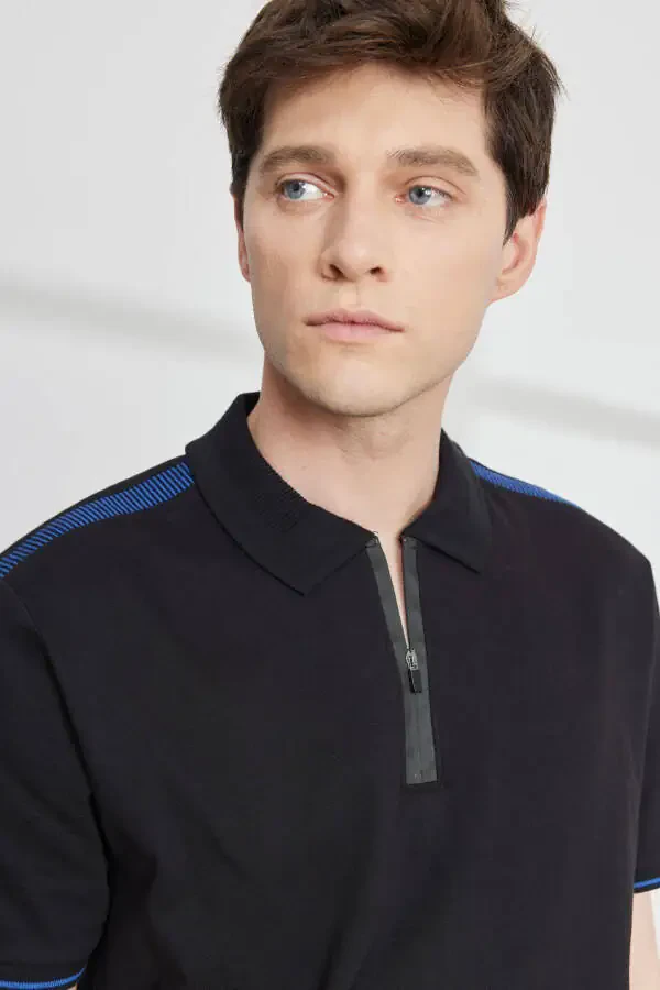 Men's Black Slim Fit Narrow Cut Polo Neck Cotton Short Sleeve T-Shirt - 4