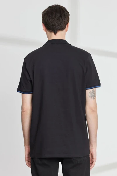 Men's Black Slim Fit Narrow Cut Polo Neck Cotton Short Sleeve T-Shirt - 5