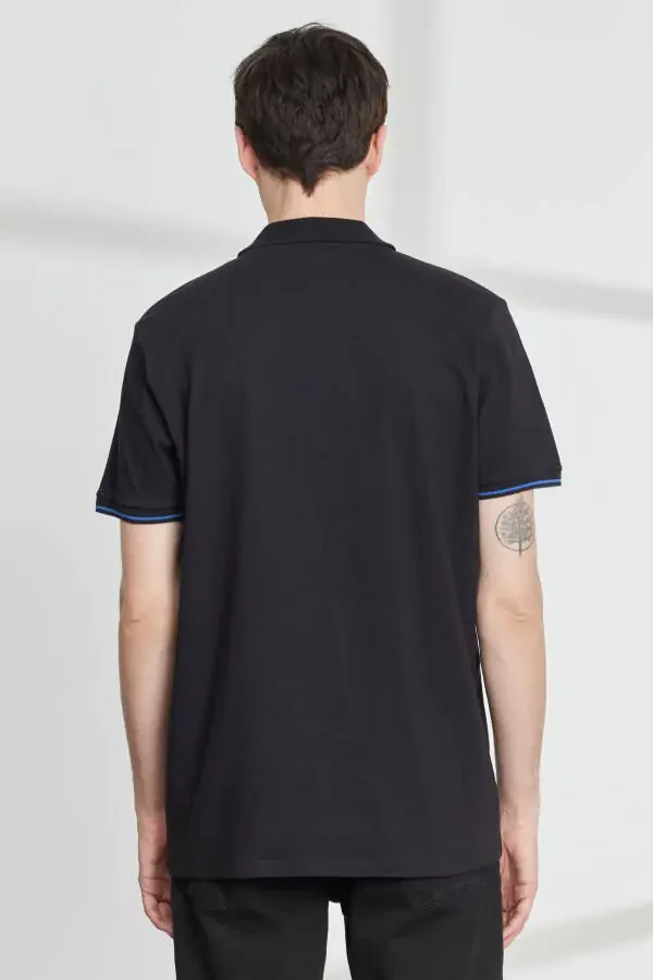 Men's Black Slim Fit Narrow Cut Polo Neck Cotton Short Sleeve T-Shirt - 5
