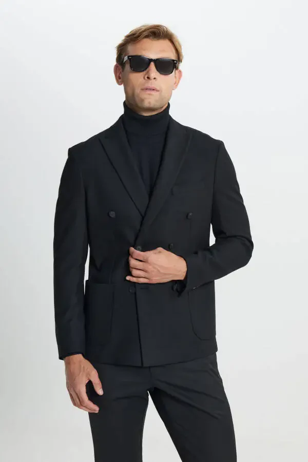 Men's Black Slim Fit Narrow Cut Swallow Collar Diag - 1