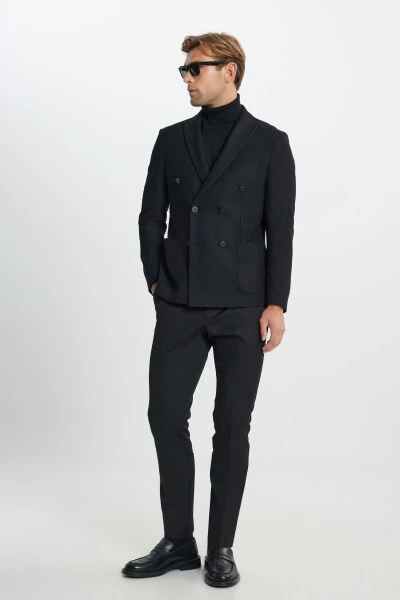 Men's Black Slim Fit Narrow Cut Swallow Collar Diag - 3