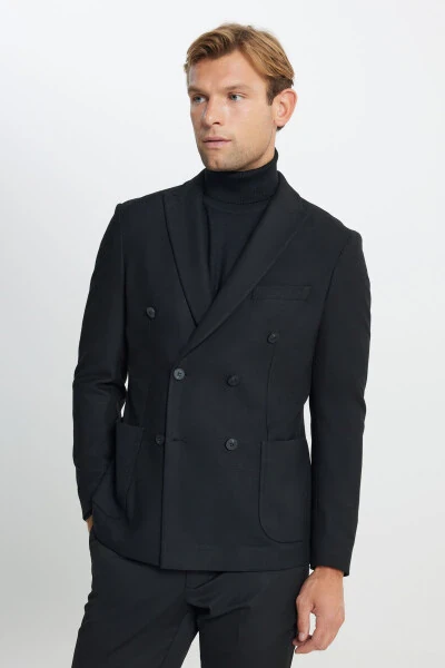 Men's Black Slim Fit Narrow Cut Swallow Collar Diag - 4