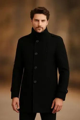 Men's Black Slim Fit Notch Lapel Long Wool Blend Cashmere Coat - MERO LIFE (1)