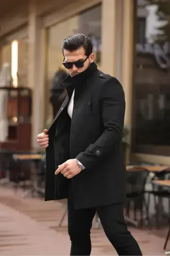 Men's Black Slim Fit Notch Lapel Long Wool Blend Cashmere Coat - 3