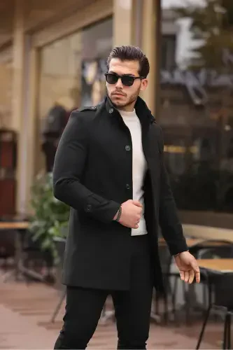 Men's Black Slim Fit Notch Lapel Long Wool Blend Cashmere Coat - 4