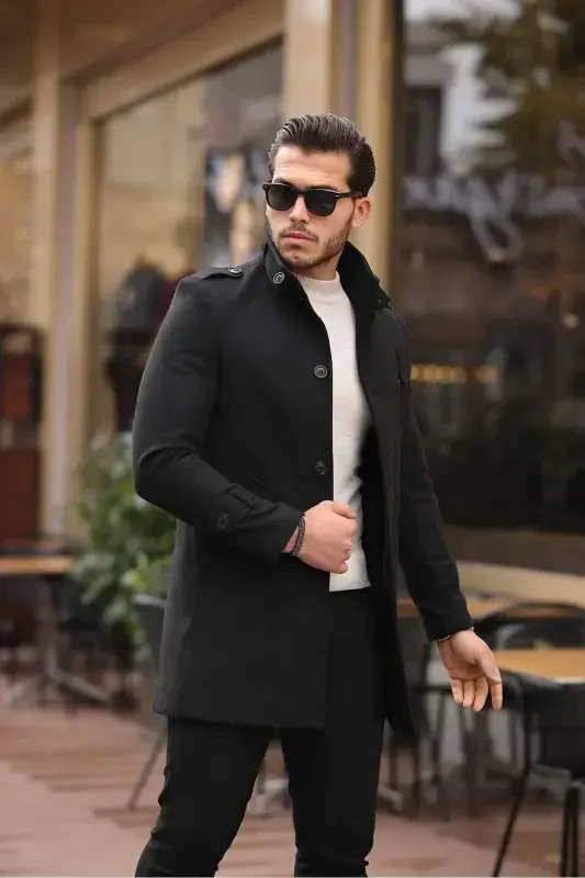 Men's Black Slim Fit Notch Lapel Long Wool Blend Cashmere Coat - 4