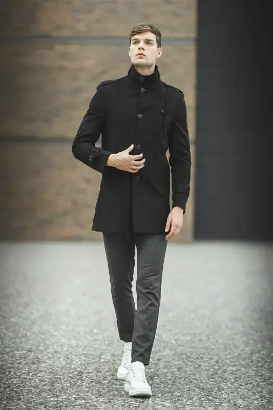 Men's Black Slim Fit Notch Lapel Long Wool Blend Cashmere Coat - 5