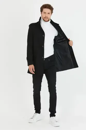 Men's Black Slim Fit Notch Lapel Long Wool Blend Cashmere Coat - 6