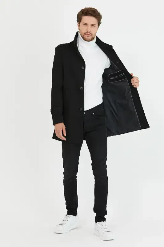 Men's Black Slim Fit Notch Lapel Long Wool Blend Cashmere Coat - 6