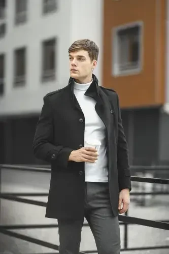 Men's Black Slim Fit Notch Lapel Long Wool Blend Peacoat - 5