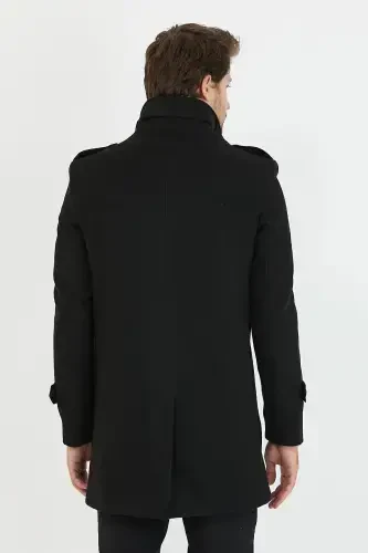 Men's Black Slim Fit Notch Lapel Long Wool Blend Peacoat - 6