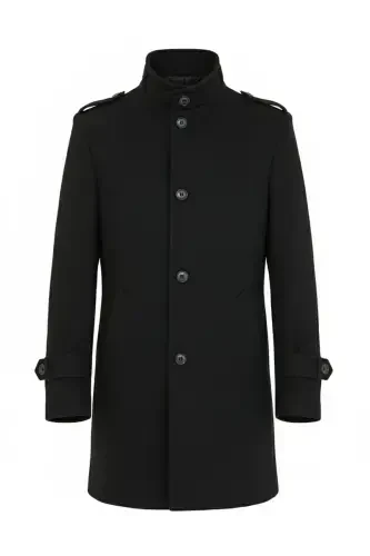 Men's Black Slim Fit Notch Lapel Long Wool Blend Peacoat - 7