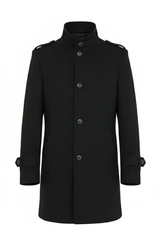 Men's Black Slim Fit Notch Lapel Long Wool Blend Peacoat - 7