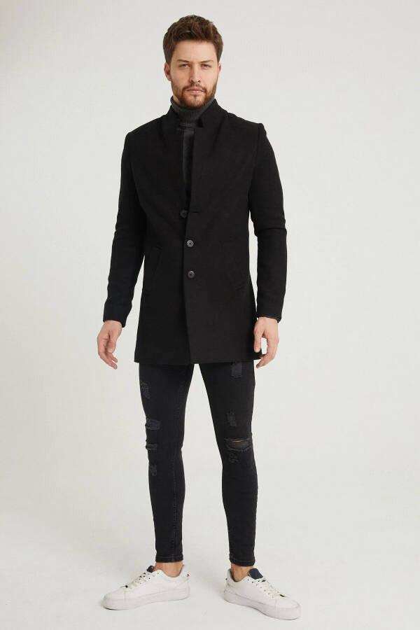 Men's Black Slim Fit Peacoat - 4