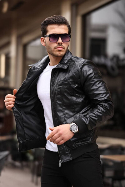 Men's Black Slim Fit Pilot Leather Jacket - 3