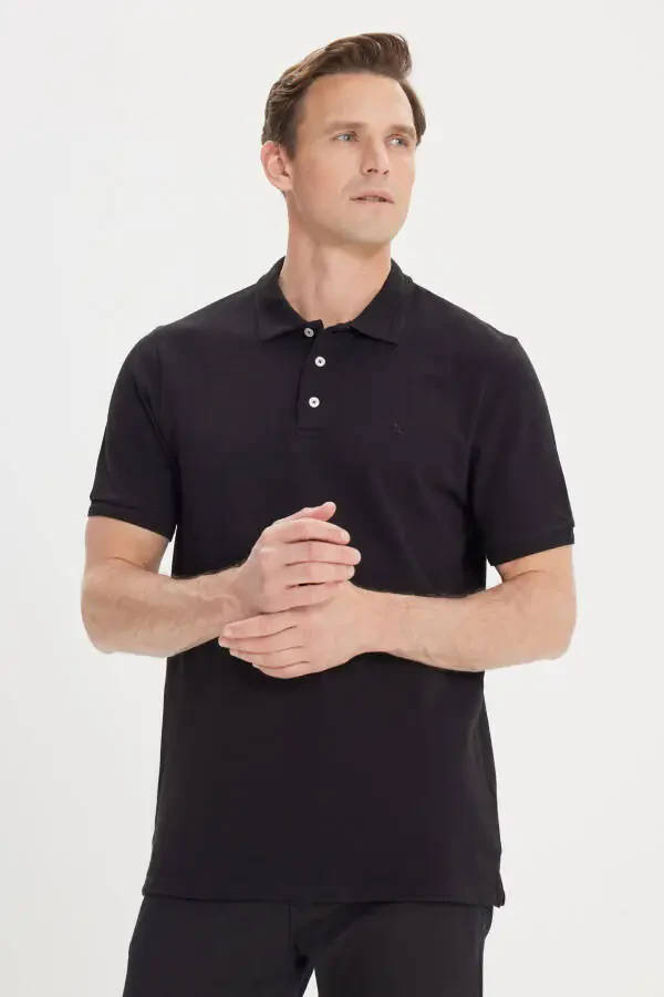 Men's Black Slim Fit Polo Neck 100% Cotton Short Sleeve T-Shirt - 1