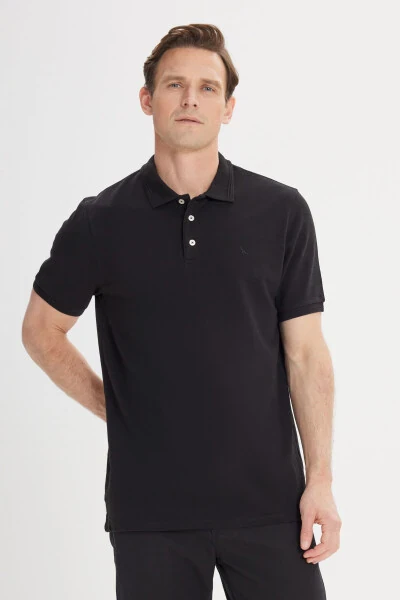 Men's Black Slim Fit Polo Neck 100% Cotton Short Sleeve T-Shirt - 7