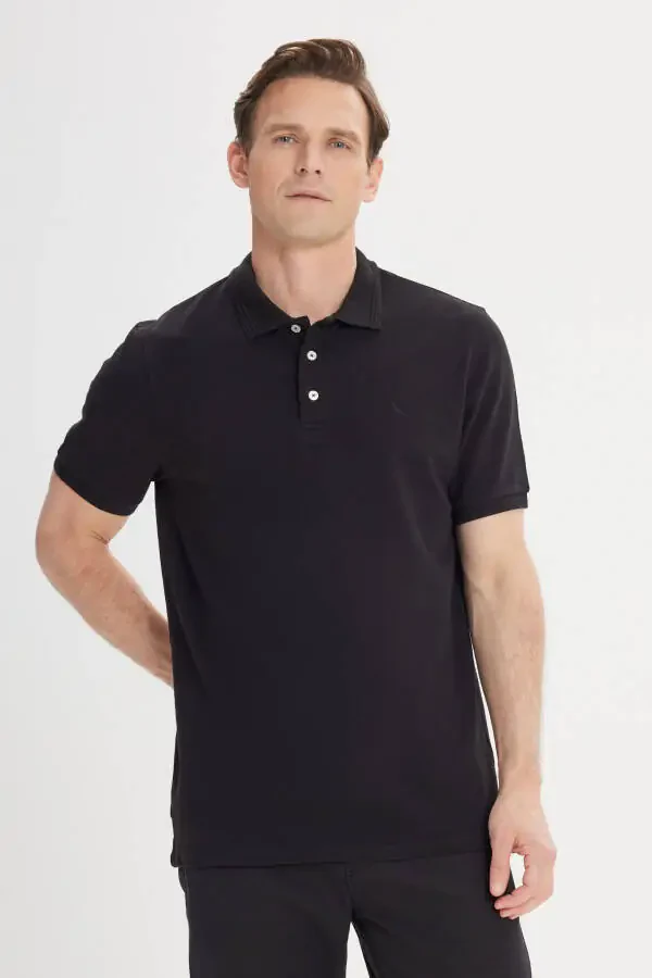 Men's Black Slim Fit Polo Neck 100% Cotton Short Sleeve T-Shirt - 7