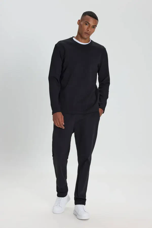 Men's Black Slim Fit Skinny Crew Neck Long Sleeve - 2