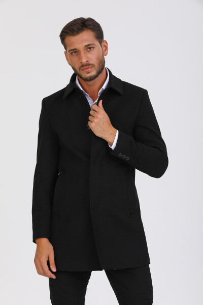 Men's Black Slim Fit Wool Blend Cashmere Shirt Collar Coat - 11