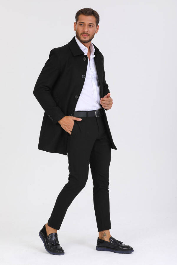 Men's Black Slim Fit Wool Blend Cashmere Shirt Collar Coat - 12