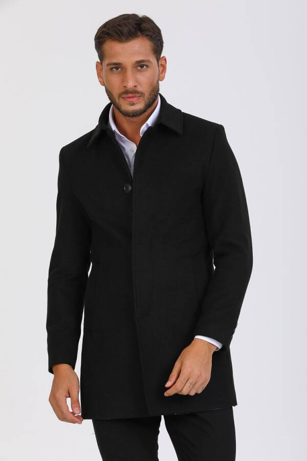 Men's Black Slim Fit Wool Blend Cashmere Shirt Collar Coat - 13