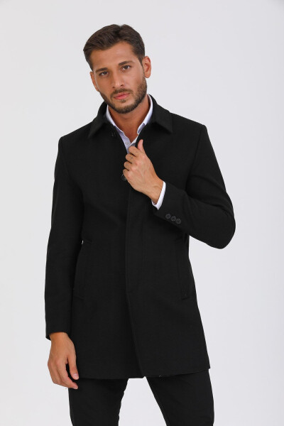 Men's Black Slim Fit Wool Blend Cashmere Shirt Collar Coat - 3