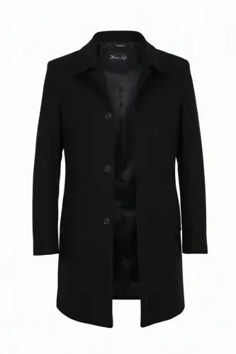 Men's Black Slim Fit Wool Blend Cashmere Shirt Collar Coat - 1