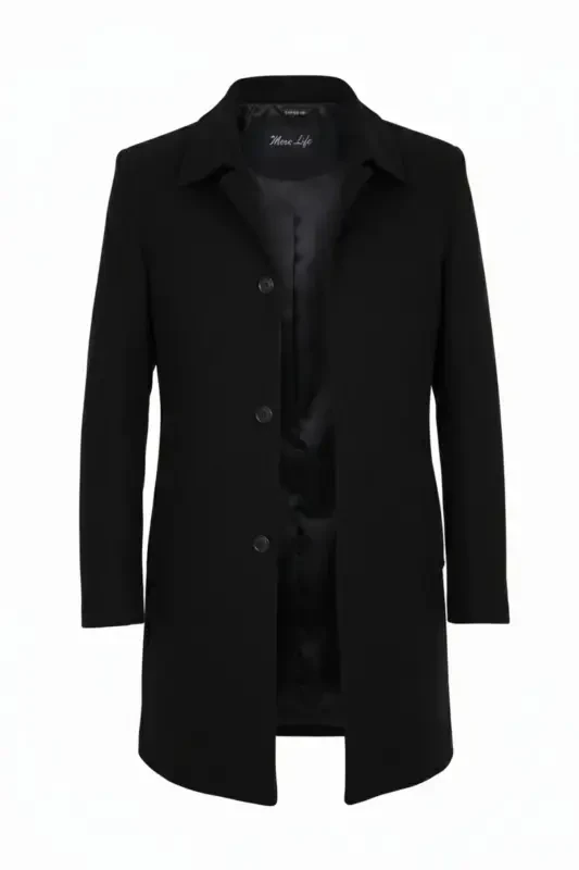 Men's Black Slim Fit Wool Blend Cashmere Shirt Collar Coat - MERO LIFE