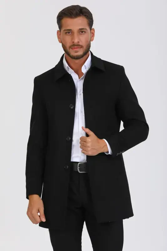 Men's Black Slim Fit Wool Blend Cashmere Shirt Collar Coat - 2