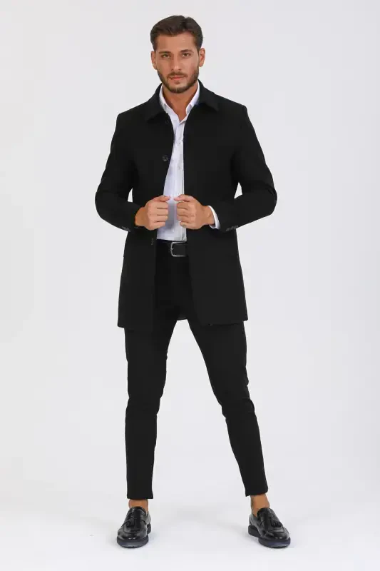 Men's Black Slim Fit Wool Blend Cashmere Shirt Collar Coat - 3