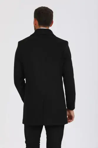 Men's Black Slim Fit Wool Blend Cashmere Shirt Collar Coat - 5