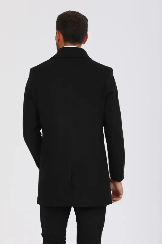 Men's Black Slim Fit Wool Blend Cashmere Shirt Collar Coat - 5