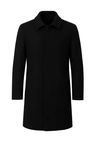 Men's Black Slim Fit Wool Blend Cashmere Shirt Collar Coat - 7