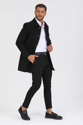 Men's Black Slim Fit Wool Blend Cashmere Shirt Collar Coat - 8