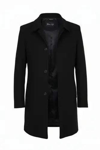 Men's Black Slim Fit Wool Blend Cashmere Shirt Collar Coat - 10