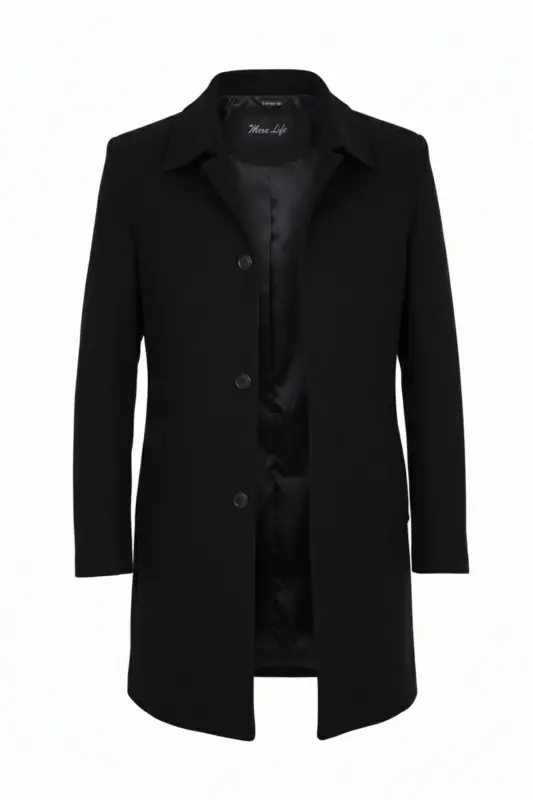 Men's Black Slim Fit Wool Blend Cashmere Shirt Collar Coat - 2